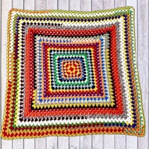 Vintage Granny Square Crocheted Afghan Multicolored Boho Throw Blanket Handmade